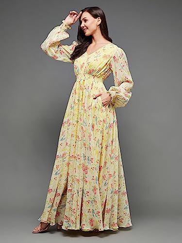 Image of Miss Chase Women Pleated V Neck Full Sleeves Relaxed Fit Midi Length Dress