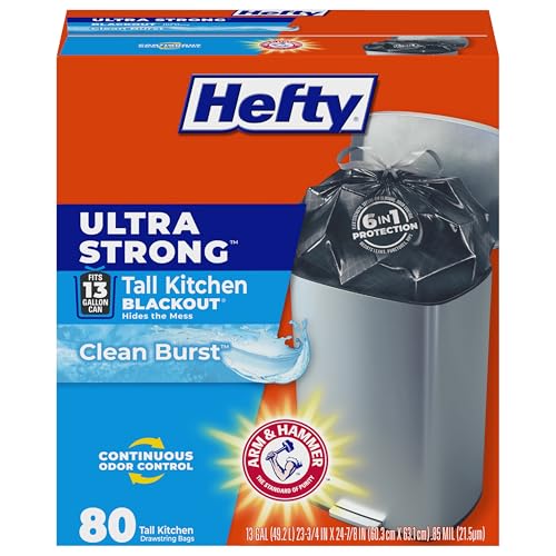 Hefty Ultra Strong 13 Gallon Trash Bags, Black Tall Kitchen Trash Bags 13 Gallon Size, Break Resistant Drawstring Enclosure, Continuous Odor Control, Blackout, Clean Burst Scent, 80 Bags