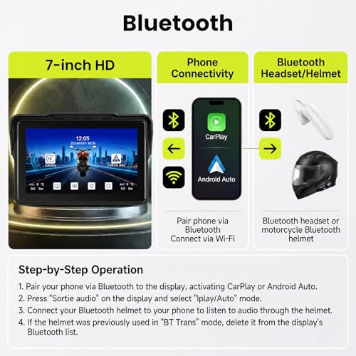 Image of Rimoody 7-Inch Motorcycle Carplay Screen with Wireless Carplay Android Auto for Car, Bluetooth, Supports GPS Navigation, IP68 Waterproof, Detachable Mount, Tire Pressure Monitor, Voice Control