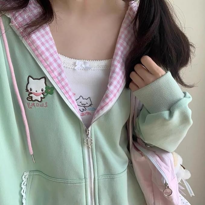 Women's Y2K Zip-Up Hoodie Oversized Streetwear Cat Ear Cute Cartoon Graphic Harajuku Kawaii Sweatshirt - Image 3