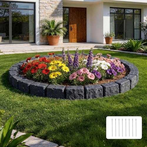 VEVOR Rasenkante in Steinoptik, 4,7 m Set, Beetumrandung ohne Graben, Kanteneinfassung für Rasen, Blumenbeete & Garten, 4er-Pack (je 6 Blöcke à 119x10x15,5 cm H), 8 Befestigungsspi