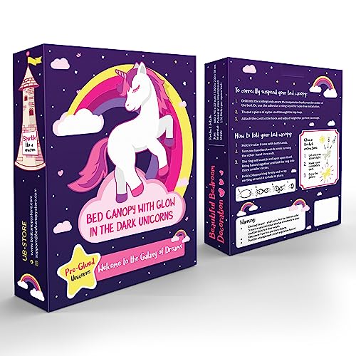 Image of Purple Canopy for Girls Bed with Pre-Glued Glow in The Dark Unicorns - Princess Mosquito Net Room Decor - Kids & Baby Bedroom Tent with Galaxy Lights - 1 Opening Canopy Bed & Hanging Kit Included