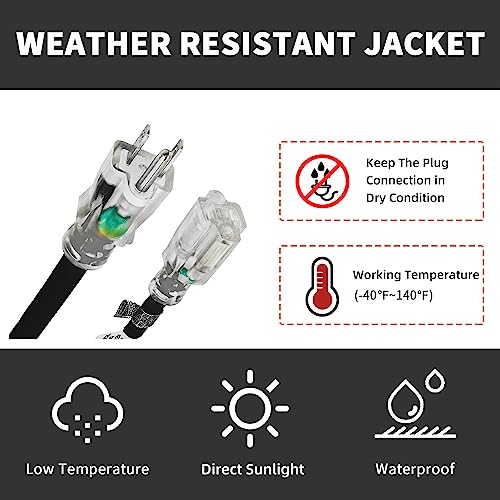 Honderson 10Ft 12/3 Lighted Outdoor Extension Cord - 12 Gauge 3 Prong Sjtw Heavy Duty Black Extension Cable With 3 Prong Grounded Plug For Safety,Ul Listed #TOP6