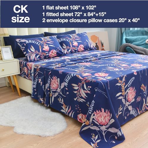 Image of JSD Navy Blue Tropical Floral Printed Sheet Set Cal King | 4 Piece Soft Botanical Microfiber Sheets, 16 inch Extra Deep Pocket, OEKO-TEX Certified, Easy Care