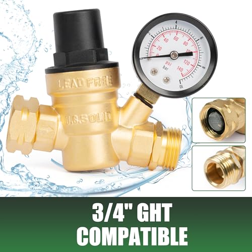 Image of U.S. Solid 3 /4 in GHT RV Water Pressure Regulator, Screwdriver-Adjustable Lead-Free Brass, 45 psi Preset, 0-140 psi Gauge, Stainless Filter, for RV Camper Trailer and Garden Hose