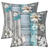 Juego De 2 Funda De Colchón Linda Throw Pillow Case Microfibra Funda De Almohada para Sillas Coche Patio 45X45Cm Tablero De Madera Natural Fresco De La Casa De Campo Azul De La Margarita,