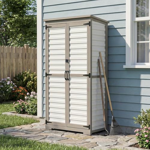 Image of PetsCosset Outdoor Storage Cabinet with Shelves, Wood & Plastic Garden Shed, Weatherproof Outside Tool Cabinet for Patio, Backyard, Pool