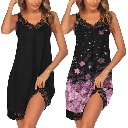 Image of Ekouaer Womens Nightgown 2 Pack Nightgown V Neck Lace Sleepwear Sleeveless Chemise Women's nightgowns & sleepshirts S-XXL