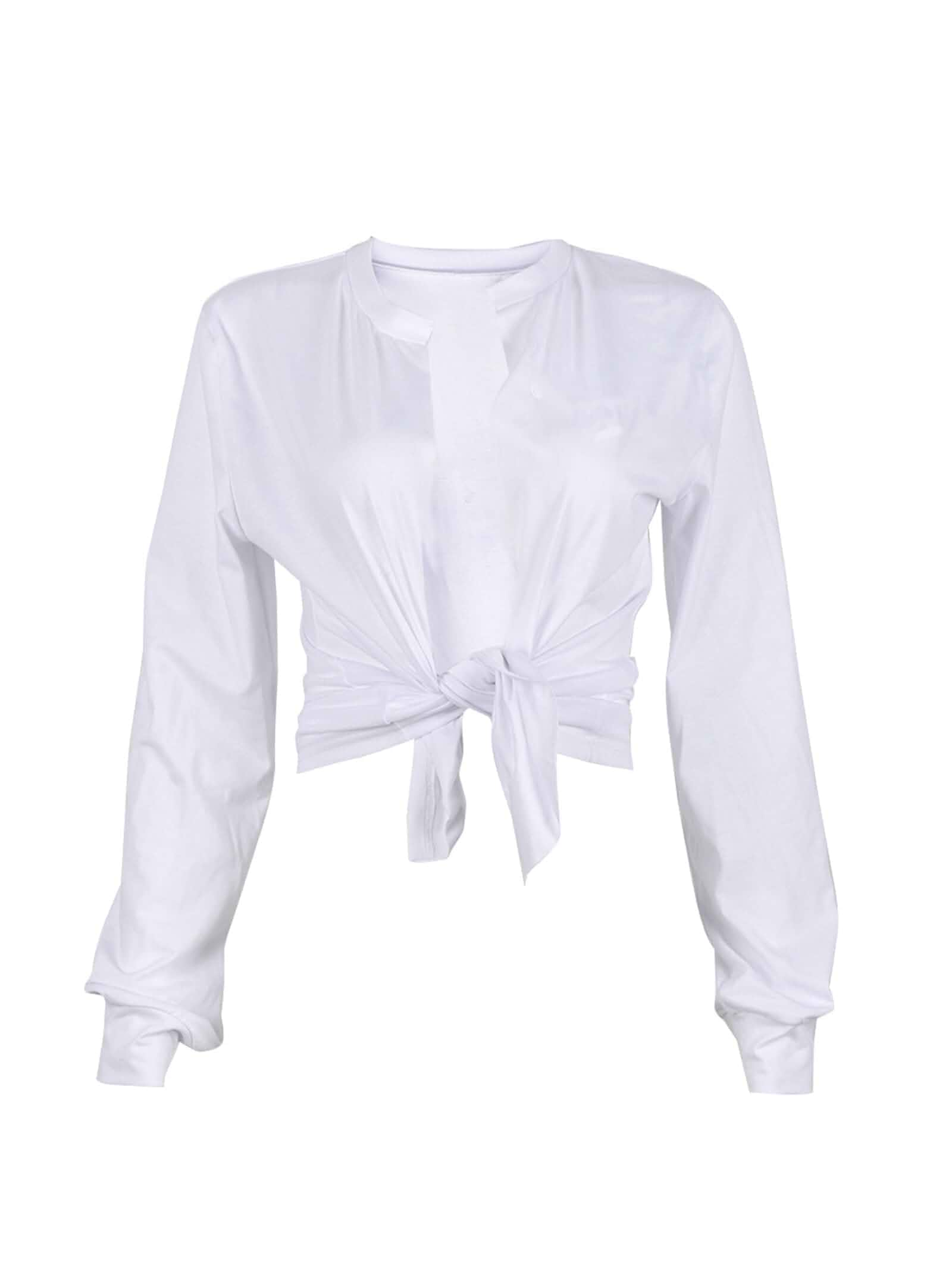 LovelyWholesale Women Tie Front Tops Sexy Cropped Long Sleeve Deep V Neck Shirt Clubwear Long Sleeve