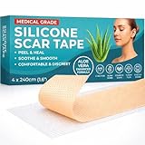 Medical Grade Silicone Scar Tape Aloe Vera | 4cm x 2.4M | Silicone Scar Sheets for After Surgery C Section Recovery, Face Treatment Gel Patches/Plasters