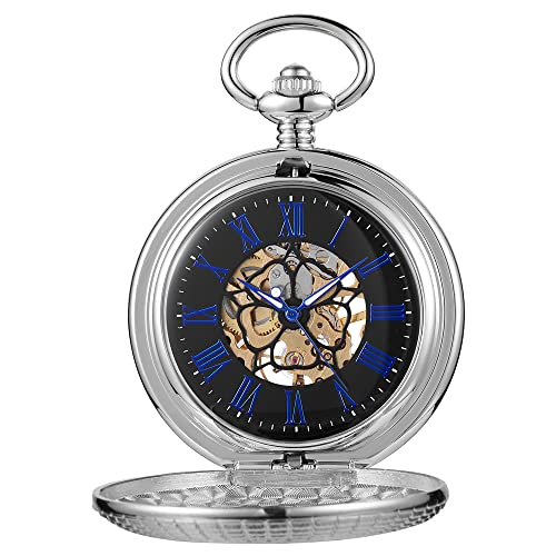Image of Classic Silver Mechanical Pocket Watch, Roman Numerals Silver Pocket Watch with Chain Box for Men