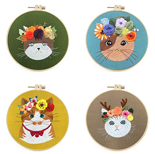 4 Sets Full Range Embroidery Starter Kit with cat Pattern and Instructions Cross Stitch Kit Mother's Day Gift Including Patterned Embroidery Cloth Hoop Threads Needles Scissors