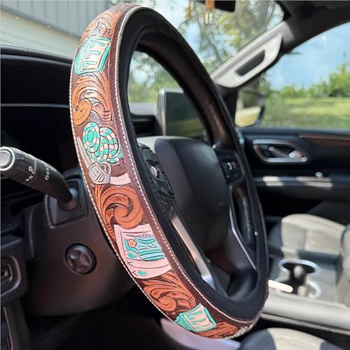 Retro Western Cowboy Car Universal Steering Wheel Cover – Embossed Leather 14.5-15 Inch Anti-Slip Car Accessory for Trucks SUVs Cars – Boho Cowgirl Cowboy Gift(B)