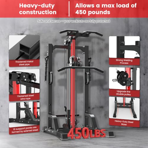 Image of Pull Up Bar Power Tower Dip Station with Cable Machine, 450LB Home Gym