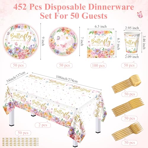 Image of Funnymoom 452 Pcs Floral Butterfly Baby Shower Decorations, a Little Butterfly Is on the Way Paper Plates Napkins Cups Tablecloth Cutlery Straws for Summer Floral Baby Shower Party Supplies