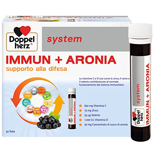 Doppelherz system IMMUN+ARONIA - Integratore Alimentare con Vitamine C, D, Gruppo B, Biotina, Oligoelementi e Succo di Aronia - Senza Glutine e Lattosio - Sapore Multifrutta - 30 Fiale