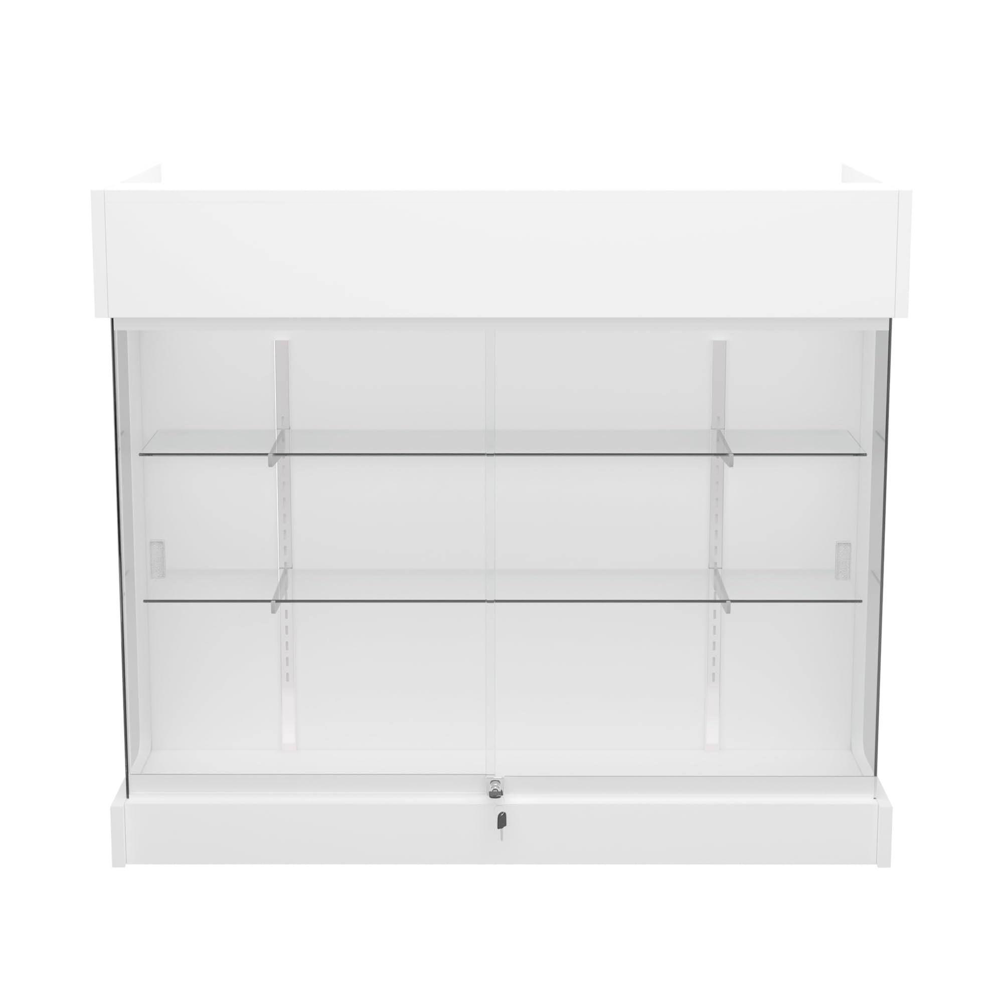 WISDOMFUR Ledge Top Counter with Showcase, 4ft – Tempered Glass Display Case, Locking Front, Sliding Doors, Locking Drawers & Shelves, Multiple Colors