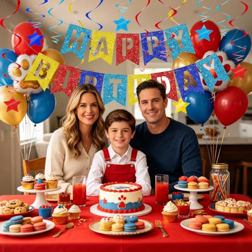 Image of BEISHIDA Red Blue Gold Happy Birthday Banner for Kids Paw Birthday Decor