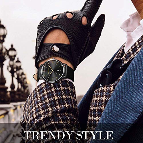 Image of OLEVS Men Leather Watches Black Ultra Thin 6.5mm Minimalist Dress Fashion Simple Casual Waterproof Date Watch for Men
