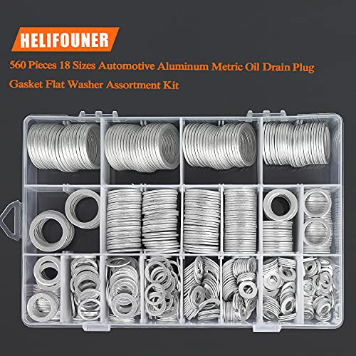 Image of HELIFOUNER 560 Pieces 18 Sizes Automotive Drain Plug Gaskets, Oil Crush Washers, Aluminum Flat Washers Assortment Kit (M6 M8 M10 M12 M14 M16 M18 M20 M22 M24)