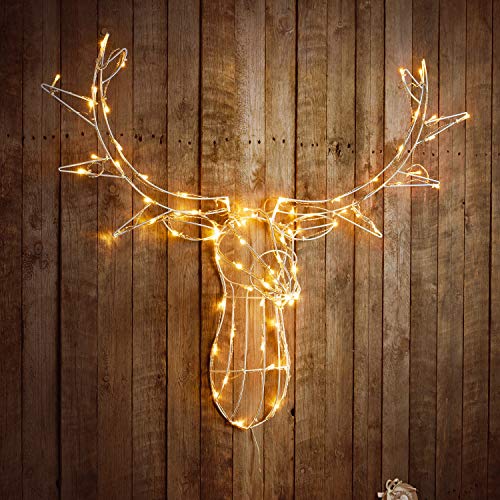 Sentik 85cm Light Up Reindeer Stag Head Metal Framed Deer Stags Head Christmas Xmas Wall Decoration Plug in with 80 LED's for Indoor Outdoor (Warm White)