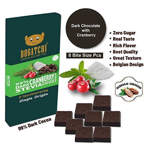 Image of BOGATCHI Immunity Booster Sugar Free 99% Dark Chocolates with Stevia, Vegan Dark Chocolate with Cranberry, 8 Pcs