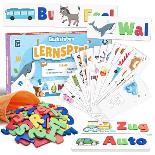 NIYYAH Buchstaben Lernspiel ABC Montessori ab 4 5 6 Jahre Schreiben & Lesen Lernen inkl E-Book Vorschule Schulanfänger 1. Klasse Geschenk Einschulung für Kinder Mädchen Junge (Holz)