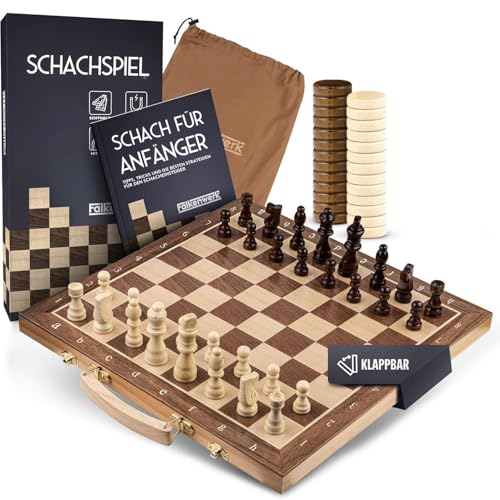 FALKENWERK Magnetisches Schachspiel Holz [38x38 cm] - Handgefertigtes Schachbrett aus Echtholz - Hochwertiges Schach Brett inkl. Anleitung & Tipps - Klappbares Chess Board mit Tragegriff