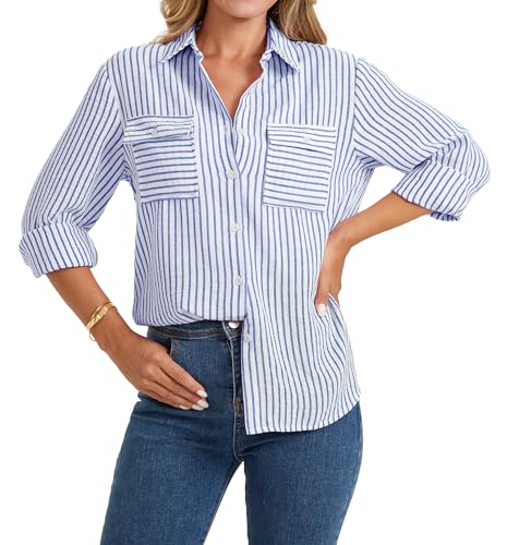 Enmain Camisa Mujer Azul Rayas Manga Larga Cuello V Blusas Lino Mujer Elegantes de Verano con Botones Informales para Oficina Empresa y Fiesta XXL