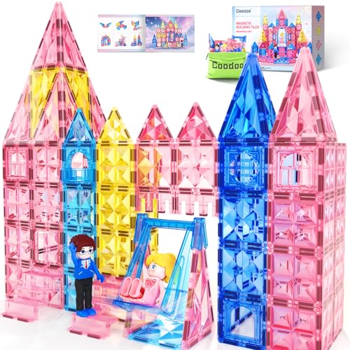 Coodoo Diamond Magnetic Tiles Magnetic Building Blocks STEM Sensory Toy for Boys Girls Pink Castle Dollhouse Pretend Princess Toys for 3 4 5 6 Year Old Girls Toys Birthday Xmas Present