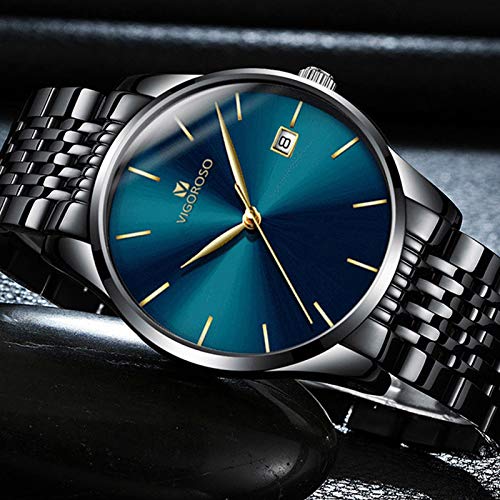 VIGOROSO Men's Fashion Ultra Thin Watches Stainless Steel Sport Quartz Analog Date Hours Wrist Watch (Blue)