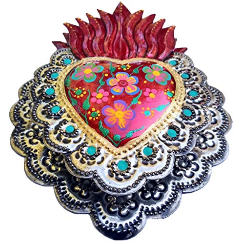 Irekua Mexican Heart Folk Art Wall Decor 7" Metal Charms Tin Art Sacred Milagros Mexicanos Colorful Hand Painted Mexico Decorations Double Heart -Handmade #TOP1