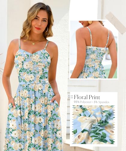 Image of Annebouti Women 2026 Summer Spring Ruched Maxi Dress Adjustable Spaghetti Strap Floral Beach Long Sundress with Pockets