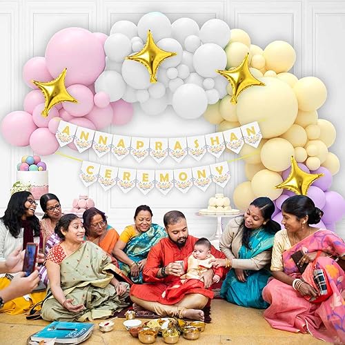 Image of Party Propz Annaprashan Decorations Items - 46 Pcs Pastel Balloons For Decoration with Rice Ceremony Banner, Star Foil Balloons, Baby Annaprasana Decoration Items, Annaprasana Decoration Backdrop