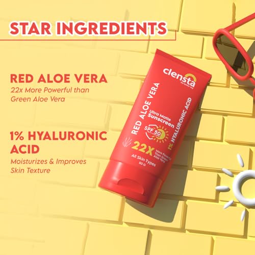 Image of Clensta Red Aloe Vera Ultra Matte SPF 50 Sunscreen With 1% Hyaluronic Acid PA++++ UVA /UVB | All Skin Type | Women & Men | 50g