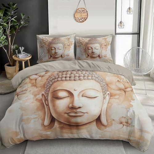 Parure De Lit Réversible, 200X200Cm Statues Bouddhistes Peintures De Lotus Set De Housse De Couette Art Oriental Parure De Lit avec 2 Taies d'oreiller pour 2...