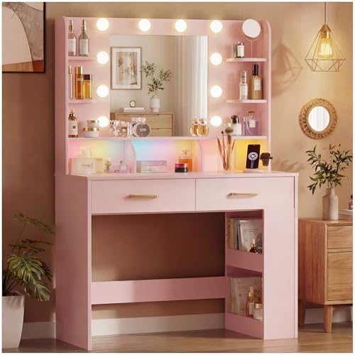 Image of LUCKRACER Vanity Desk with LED Lights Mirror & Charging Station, Makeup Vanity with Storage Drawers and Shelves, Modern Dressing Table for Women Girls Bedroom, Pink