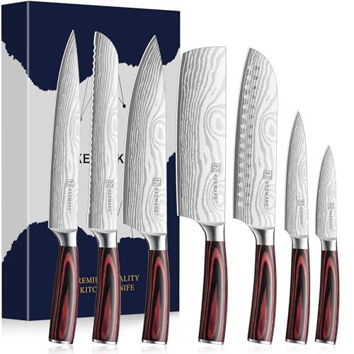 KEEMAKE Couteaux de Cuisine 7 Pièces, Couteau Cuisine Office Professionnel Chef Santoku Pain Nakiri Universel en Acier Inoxydable, pour Cuisiniers Amateurs