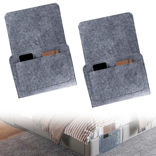 2 organizadores de cama para colgar, bolsa de cama gris, juego de bolsillos, bolsa de almacenamiento, organizador para dormitorio, ideal para teléfono móvil, mando a distancia, electrónica y gafas (20