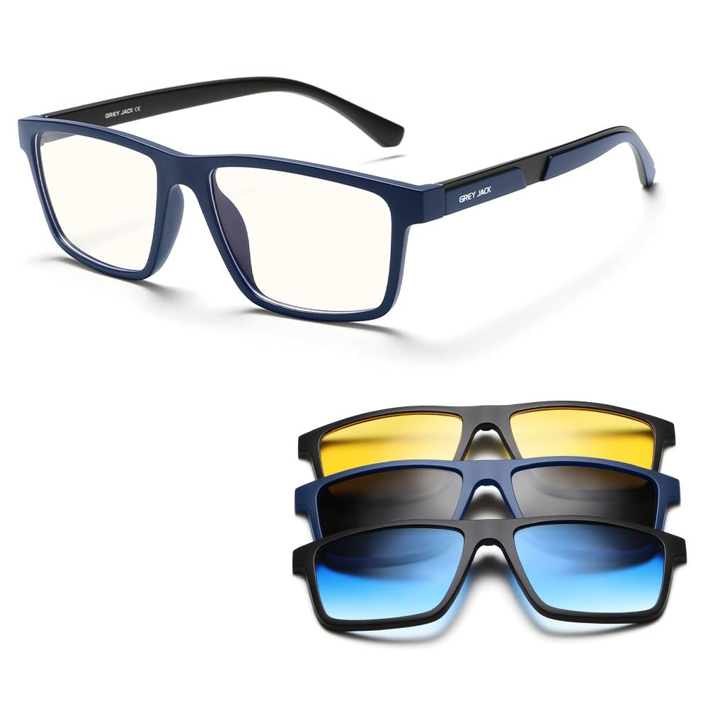 Magnetic Clip On Sunglasses, 3 Polarized Interchangeable Lenses, Anti Blue Light Square Eyeglasses for Men Women CL003-image-17