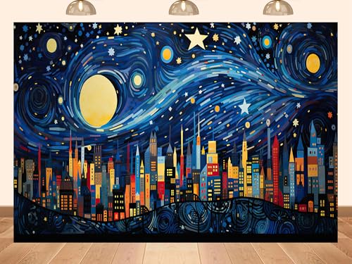 PEKRU 10x7ft Fabric Starry Night City Skyline Photography Backdrop, Cosmic