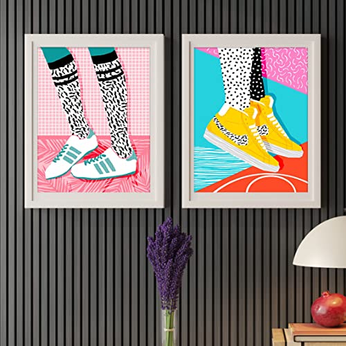 Image of PAINTINGMANTRA Duo sneakers Illustration wall art painting for living room, Duo sneakers framed painting, set of 2, 13x18 In