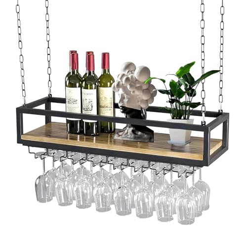 YUJEYHD Plafond Bouteilles Suspendu, Style Industriel Porte-Verres en Fer forgé avec chaîne réglable Porte-gobelets pour Bar/Restaurant/Cuisine Étagère...