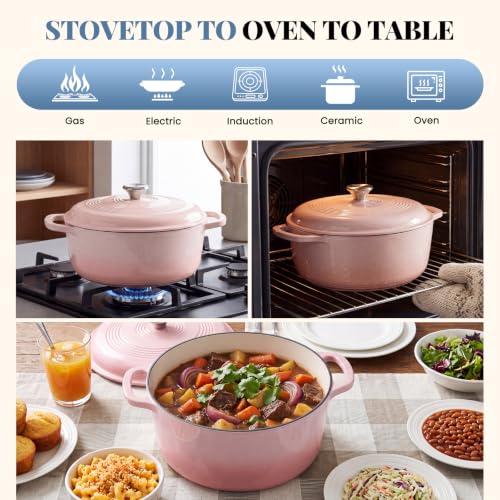DUMOS Enamel Cast Iron Dutch Oven, 6 Quart Pot with Lid, Gradient Pink - Image 5