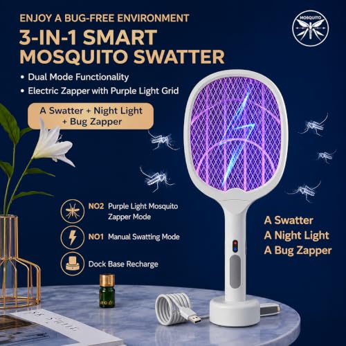 Image of FLYNGO 2 in 1 Mosquito Killer Racket with UV Light | Manual & Auto Kill Modes | Rechargeable Lithium Battery | Type-C USB Charging | Electric Mosquito Bat with Base Stand (White)