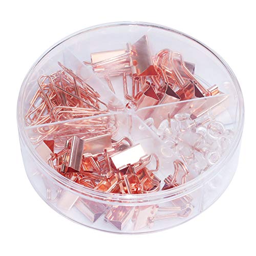 Rose Gold Binder Clips Paper Clips Push Pins Set with Acrylic Clips Holder Box for Paper Organizing Office Supplies and Home Supplies