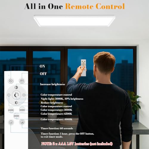 Image of ELEPHANTBOAT 48W LED Ceiling Light with Remote,3000K-6500K Dimmable Flush Mounted Ceiling Light with Back Amber Light Design,58x22cm, Slim Square Ceiling Lamp for Bathroom, Living Room,Hallway