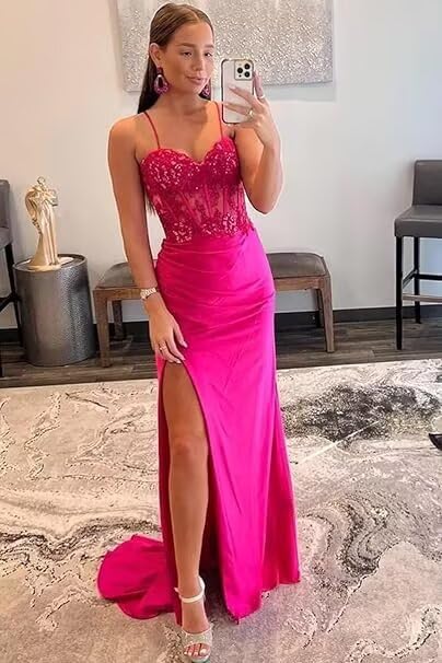 Women's Sweetheart Prom Dresses with Slit Mermaid Spaghetti Straps Lace Satin Formal Gowns2