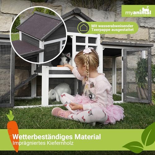 Miweba MyAnimal Hasenstall MH-31 | 181x60x95 cm - Kaninchenstall mit Freilaufgehege - Doppelstockhaus 2 Ebenen - Hasenkäfig - imprägniert - Kaninchenkäfig Winterfest - Indoor und Outdoor (Grau/Weiß)