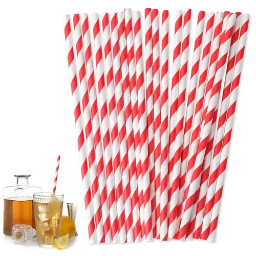 Papierstrohhalme, 100 Stück 19.6cm Rot Weiß Gestreifte Strohhalme Papier Biologisch Abbaubare Trinkhalme Umweltfreundlich Cocktail Strohhalme für Restaurants Bars Party Kaffee Saft